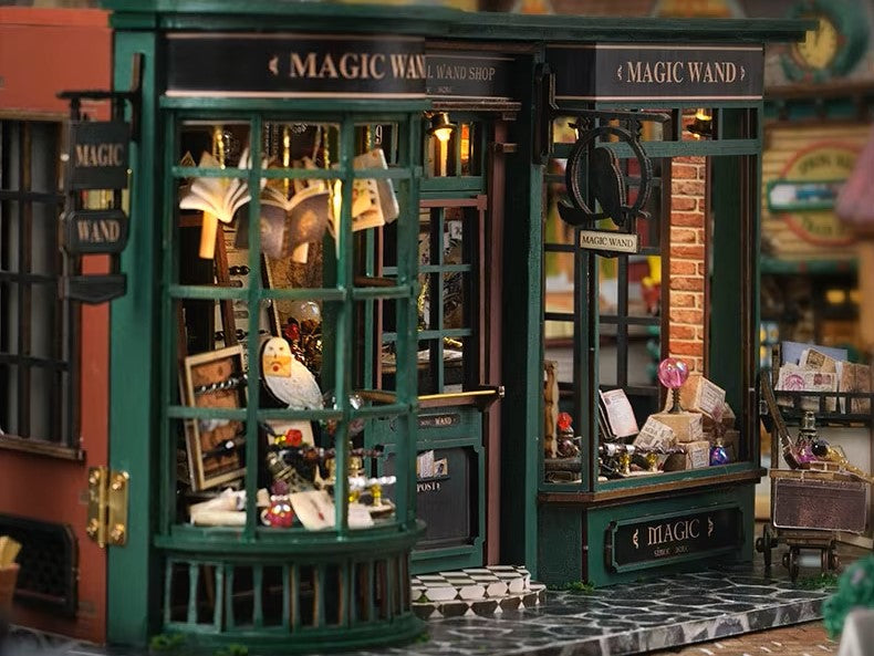 DIY miniature magic shop kit with tiny potions, spell books, glowing lights, and detailed scale model decor — perfect for miniature collectors, DIY crafts, and small DIY house lovers.