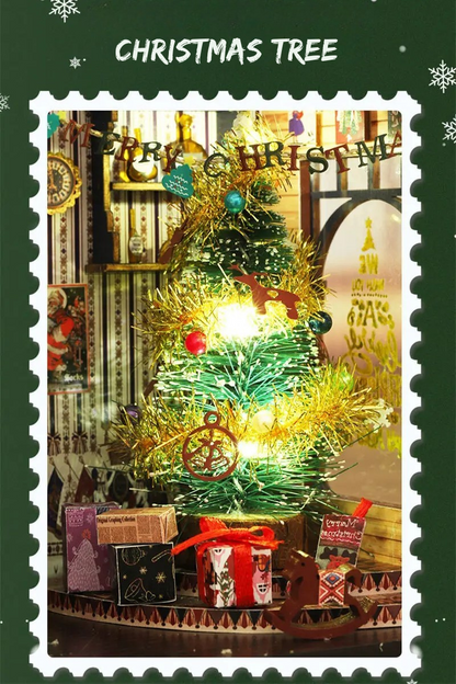 DIY miniature Christmas shop called “Jolly & Pine Christmas Shoppe,” featuring snow-dusted rooftops, holiday lights, a sleigh, Christmas tree, and cozy window displays. Ideal for holiday crafts, DIY mini home kits, and miniature house collectors.