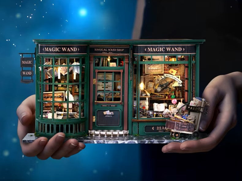 DIY miniature magic shop kit with tiny potions, spell books, glowing lights, and detailed scale model decor — perfect for miniature collectors, DIY crafts, and small DIY house lovers.