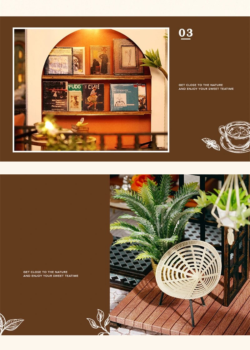 DIY miniature house kit of a two-story garden loft café with spiral stairs, tiny furniture, plants, and glowing lights – perfect for craft ideas, diy and crafts, miniature mansion lovers, and diy miniature home building.