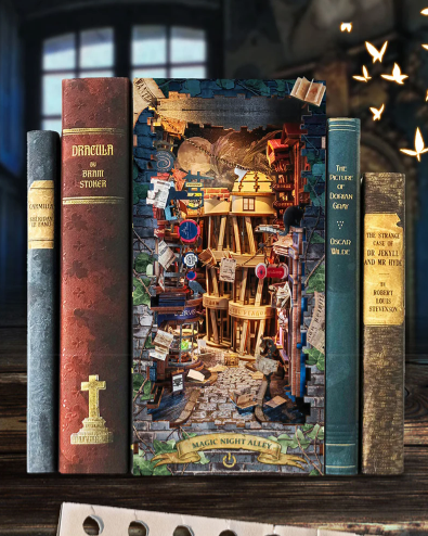 DIY Magic Night Alley book nook kit styled like a wizard’s alley, featuring magical props and glowing details — perfect for DIY and crafts, making miniatures, and book-lover gifts.