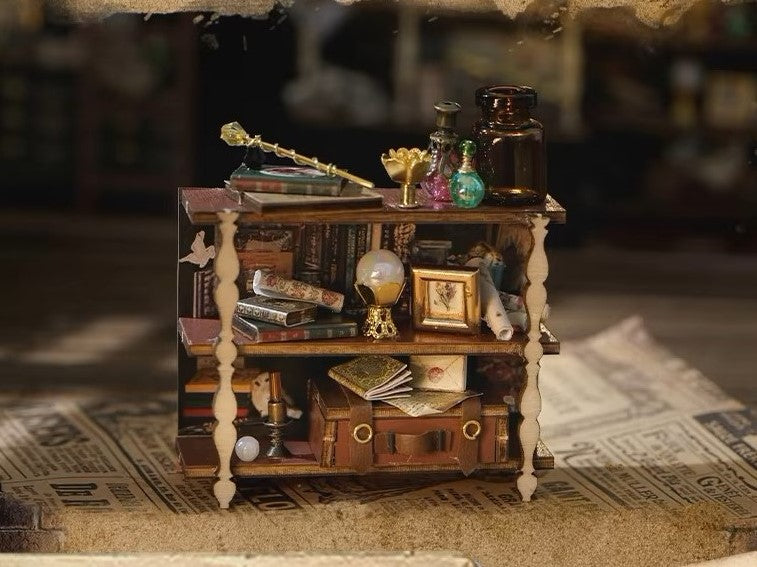 DIY miniature magic shop kit with tiny potions, spell books, glowing lights, and detailed scale model decor — perfect for miniature collectors, DIY crafts, and small DIY house lovers.