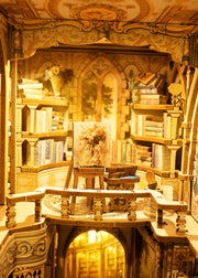 DIY Victorian library book nook kit with wooden shelves, tiny books, and vintage chair — perfect for miniature lovers, book nook fans, and DIY crafts.