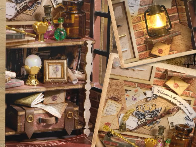 DIY miniature magic shop kit with tiny potions, spell books, glowing lights, and detailed scale model decor — perfect for miniature collectors, DIY crafts, and small DIY house lovers.
