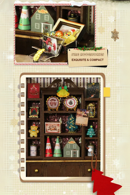 DIY miniature Christmas shop called “Jolly & Pine Christmas Shoppe,” featuring snow-dusted rooftops, holiday lights, a sleigh, Christmas tree, and cozy window displays. Ideal for holiday crafts, DIY mini home kits, and miniature house collectors.