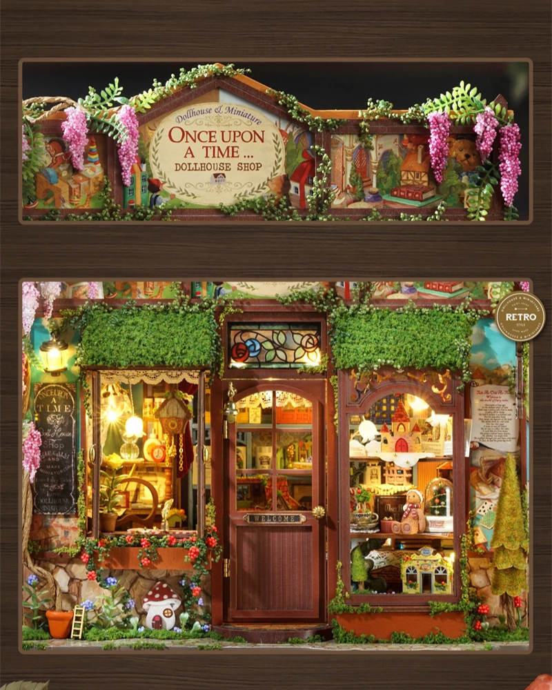 DIY Mini House kit featuring a whimsical miniature dollhouse store called “Once Upon a Time Dollhouse Shop,” with fairy tale décor, tiny dollhouses, and detailed interiors. Perfect for DIY and crafts lovers, miniature mansion collectors, and book nook enthusiasts looking for magical craft ideas.