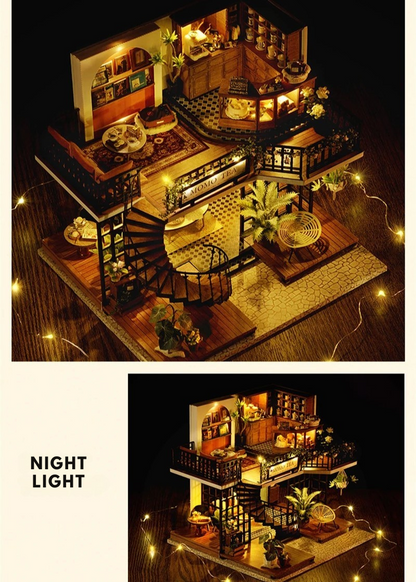 DIY miniature house kit of a two-story garden loft café with spiral stairs, tiny furniture, plants, and glowing lights – perfect for craft ideas, diy and crafts, miniature mansion lovers, and diy miniature home building.