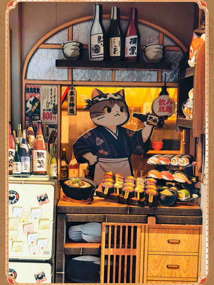DIY miniature Japanese izakaya house featuring a cat chef, cherry blossom trees, hanging lanterns, a friendly Shiba Inu dog, and a warm glowing interior with tiny food items and sake bottles.