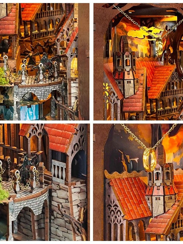 DIY fantasy book nook kit featuring a dragon-themed miniature valley with stone bridges, rooftops, and glowing landscape — ideal for miniature fans, DIY crafts, and book nook collectors.