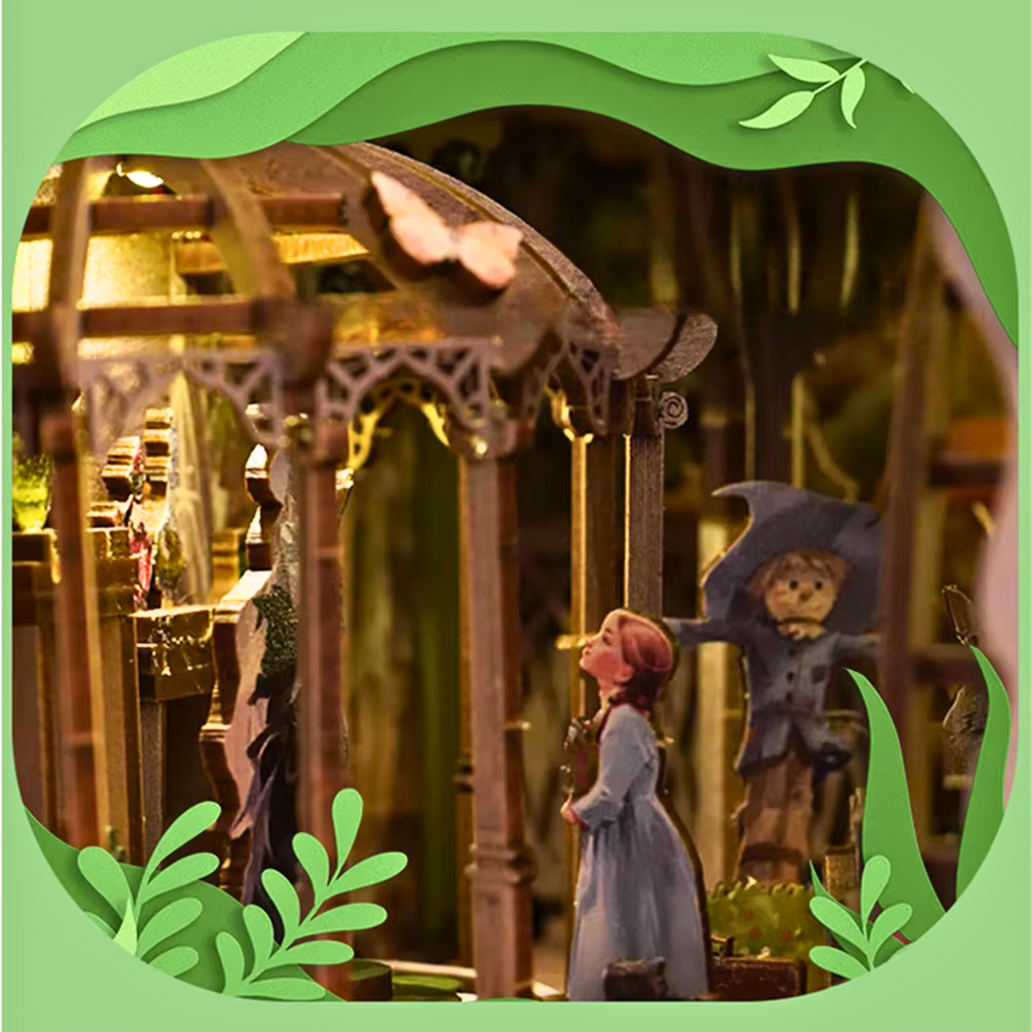 DIY book nook kit “Woodland Tales,” inspired by The Wizard of Oz. Features a glowing forest path with Dorothy and whimsical forest details. A magical DIY craft project for fans of storybook miniatures and fantasy-themed book nooks.