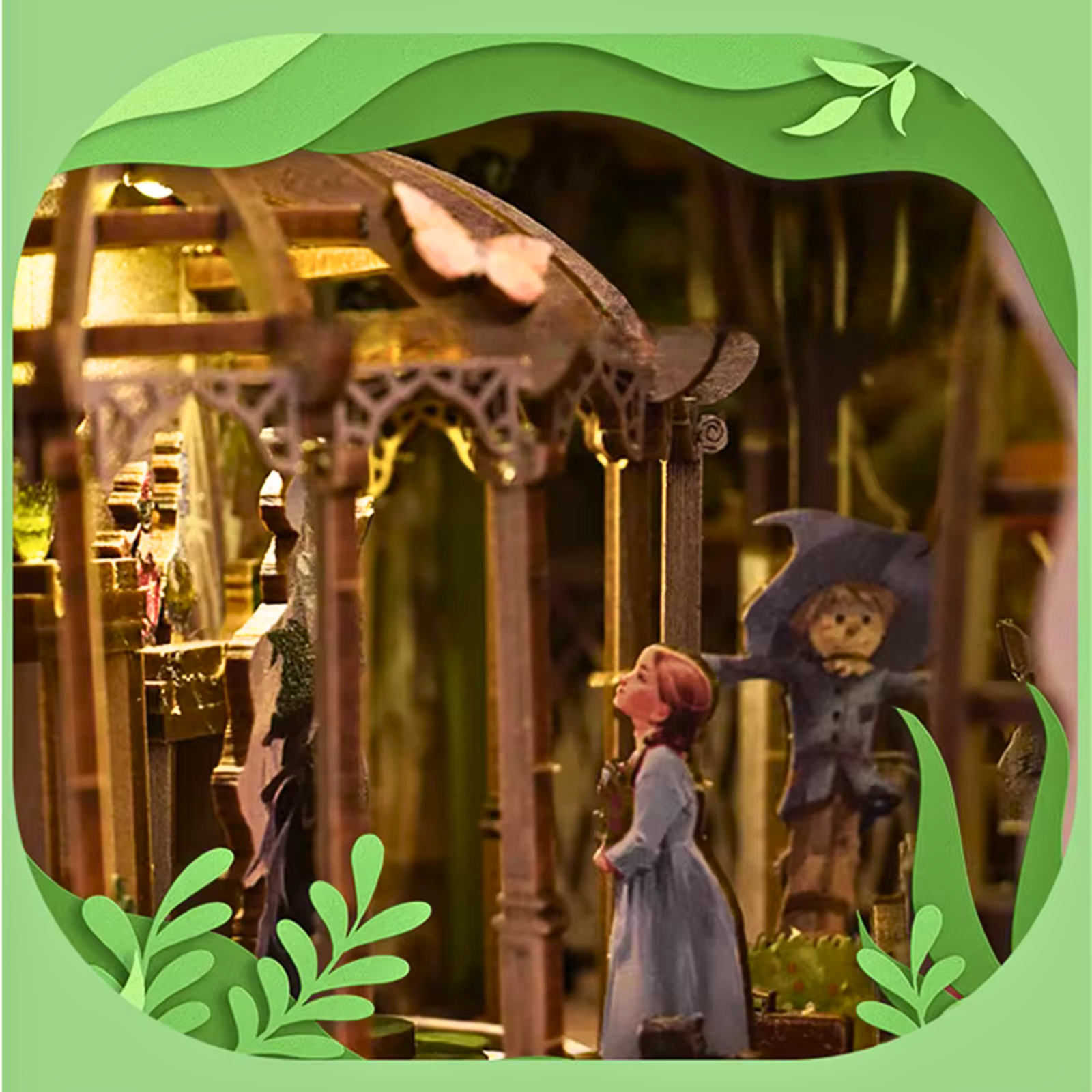 DIY book nook kit “Woodland Tales,” inspired by The Wizard of Oz. Features a glowing forest path with Dorothy and whimsical forest details. A magical DIY craft project for fans of storybook miniatures and fantasy-themed book nooks.