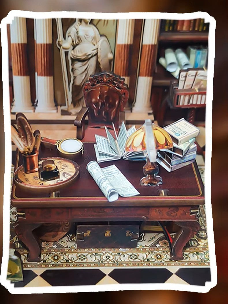 DIY miniature house kit styled as an Athenaeum library with classical columns, bookshelves, and warm lighting in an old-world study.