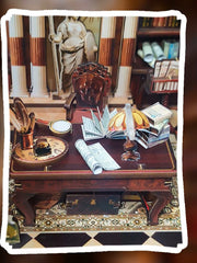 DIY miniature house kit styled as an Athenaeum library with classical columns, bookshelves, and warm lighting in an old-world study.