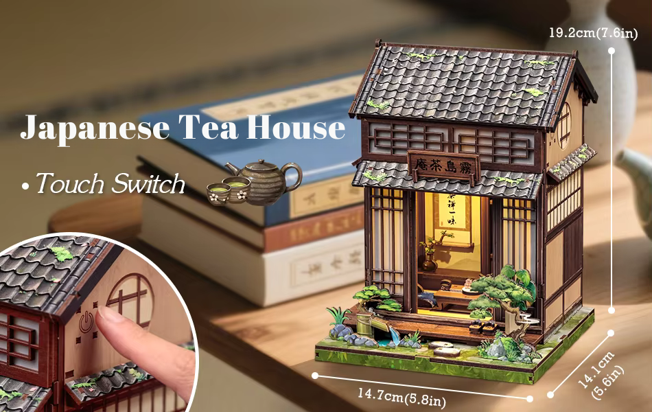 DIY book nook kit “Japanese Tea House,” featuring a glowing miniature tea room with shoji doors, bonsai, a tea set, and touch-sensitive light switch. A peaceful craft for DIY and crafts lovers and fans of traditional Japanese miniatures.
