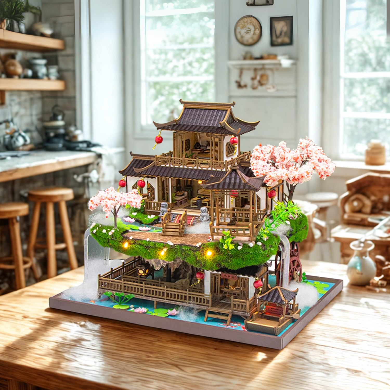 DIY miniature kit “Blossom Lantern Pavilion,” featuring a traditional East Asian-style building with curved roofs, cherry blossom trees, red lanterns, a waterfall, and glowing lights. A serene DIY and crafts project for fans of miniature homes and nature-inspired design.