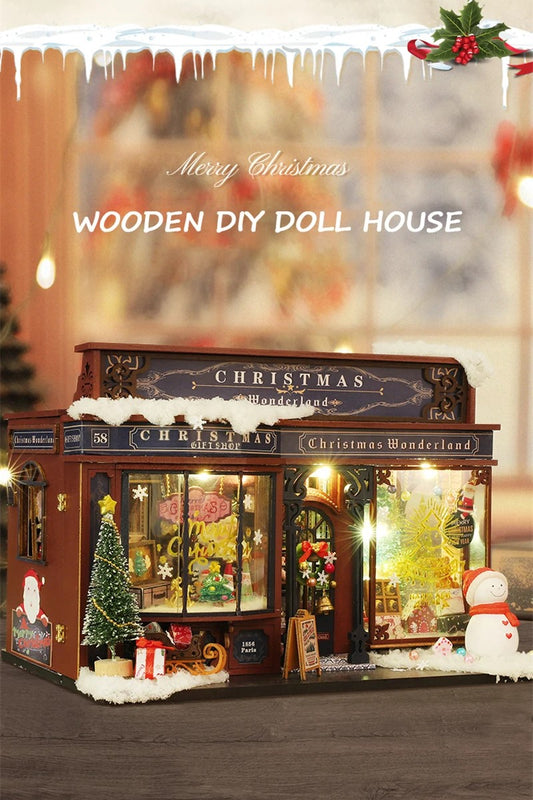DIY miniature Christmas shop called “Jolly & Pine Christmas Shoppe,” featuring snow-dusted rooftops, holiday lights, a sleigh, Christmas tree, and cozy window displays. Ideal for holiday crafts, DIY mini home kits, and miniature house collectors.
