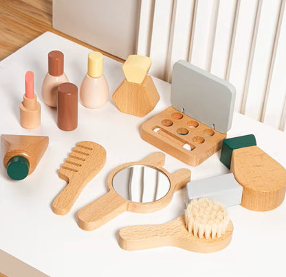 Montessori wooden cosmetic toy set with pretend makeup items including lipstick, compact mirror, perfume, nail polish, and comb, designed for imaginative role play and fine motor skill development.