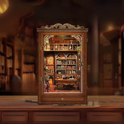 DIY book nook kit “Timekeeper’s Library,” featuring a charming home library with towering bookshelves, glowing lights, and a pendulum clock, An endearing DIY and crafts project for book nook collectors.