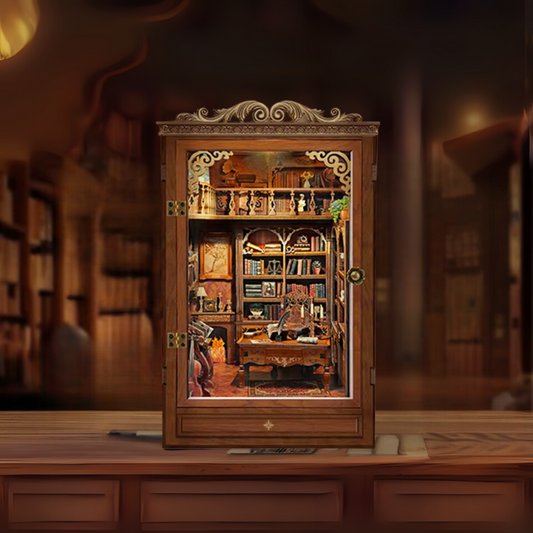 DIY book nook kit “Timekeeper’s Library,” featuring a charming home library with towering bookshelves, glowing lights, and a pendulum clock, An endearing DIY and crafts project for book nook collectors.