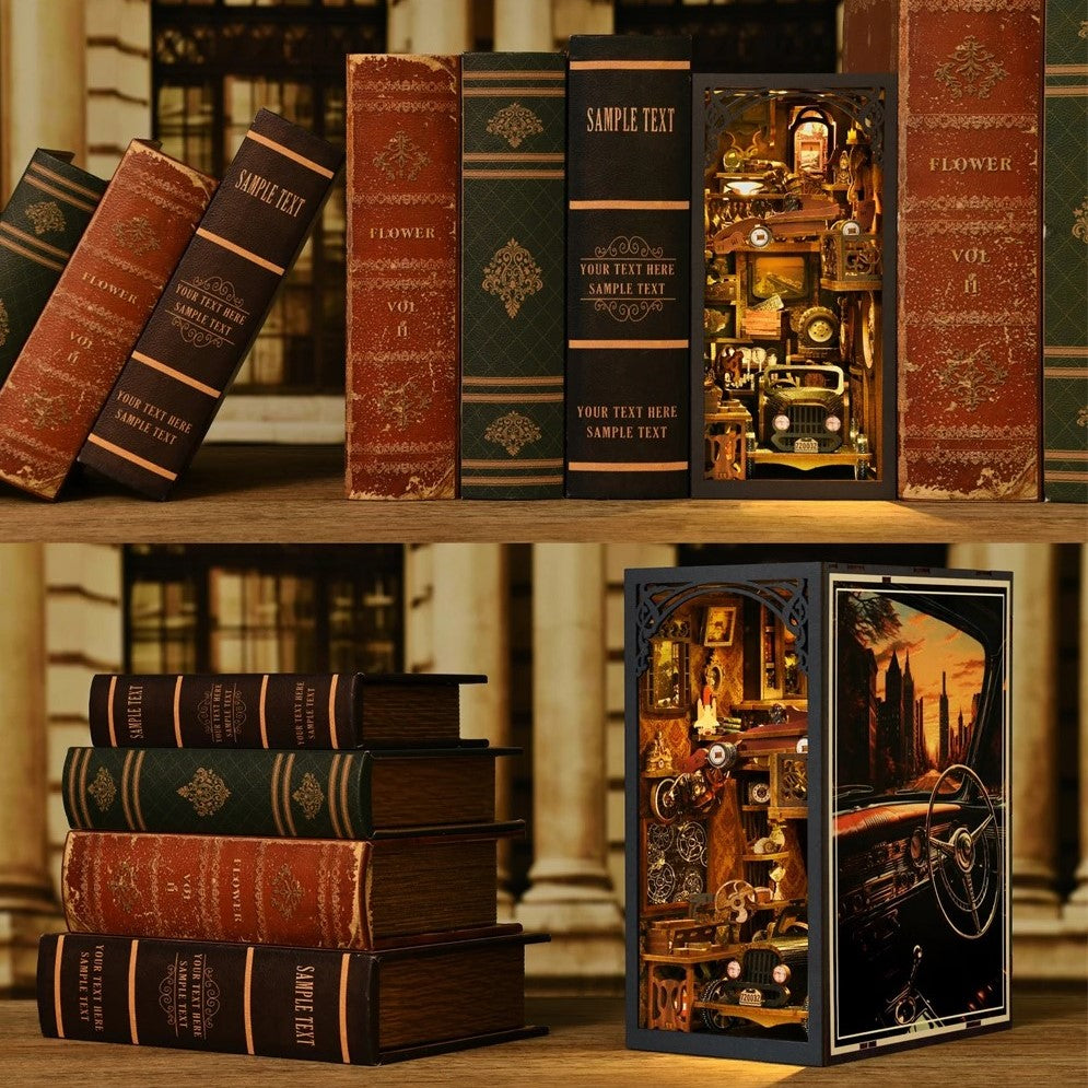 DIY vintage car book nook kit with a miniature retro scene, ideal for DIY and crafts lovers, scale‑model builders, and fans of making miniatures.