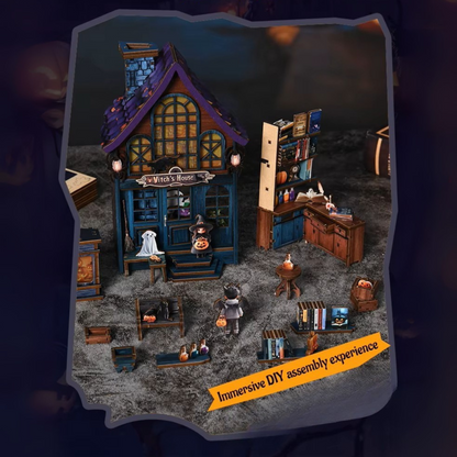 DIY book nook kit “Pumpkin Trick-or-Treat,” featuring a witch’s house with glowing windows, jack-o’-lanterns, trick-or-treaters, bats, and Halloween decorations. A festive miniature for DIY and crafts lovers and seasonal book nook collectors.