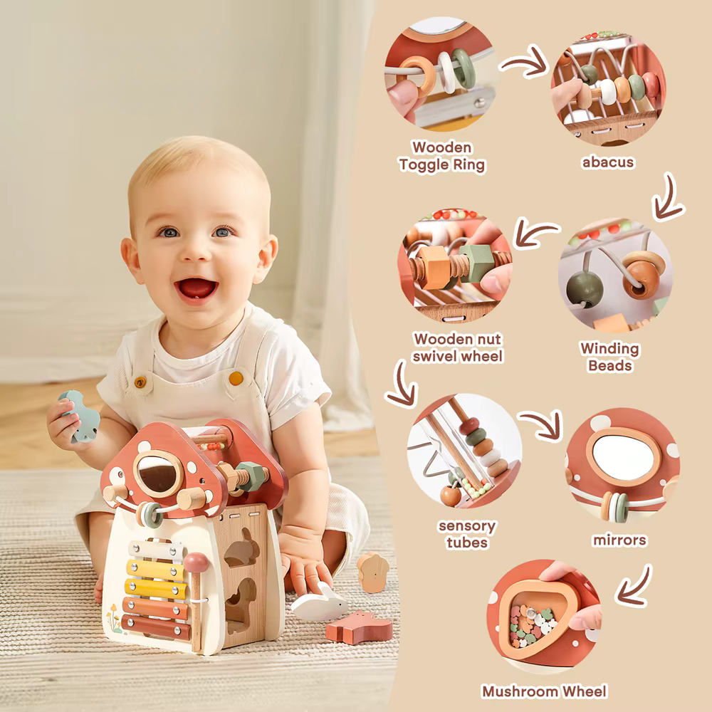 Montessori wooden mushroom house toy set with a xylophone, whimsical details, accessories, and characters, designed for imaginative pretend play and fine motor skill development.