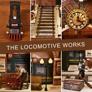 DIY miniature house kit of a vintage locomotive train repair station with intricate gears, scale model train, and glowing interior lights – perfect for craft ideas, DIY and crafts, miniature mansion lovers, and DIY book nook kit collectors.