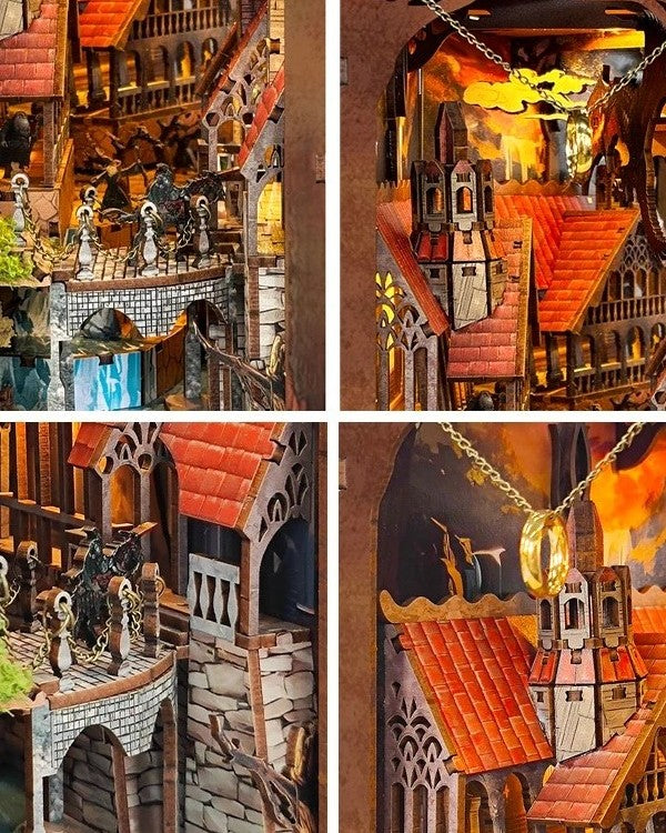 DIY fantasy book nook kit featuring a dragon-themed miniature valley with stone bridges, rooftops, and glowing landscape — ideal for miniature fans, DIY crafts, and book nook collectors.