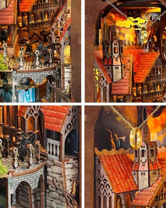 DIY fantasy book nook kit featuring a dragon-themed miniature valley with stone bridges, rooftops, and glowing landscape — ideal for miniature fans, DIY crafts, and book nook collectors.