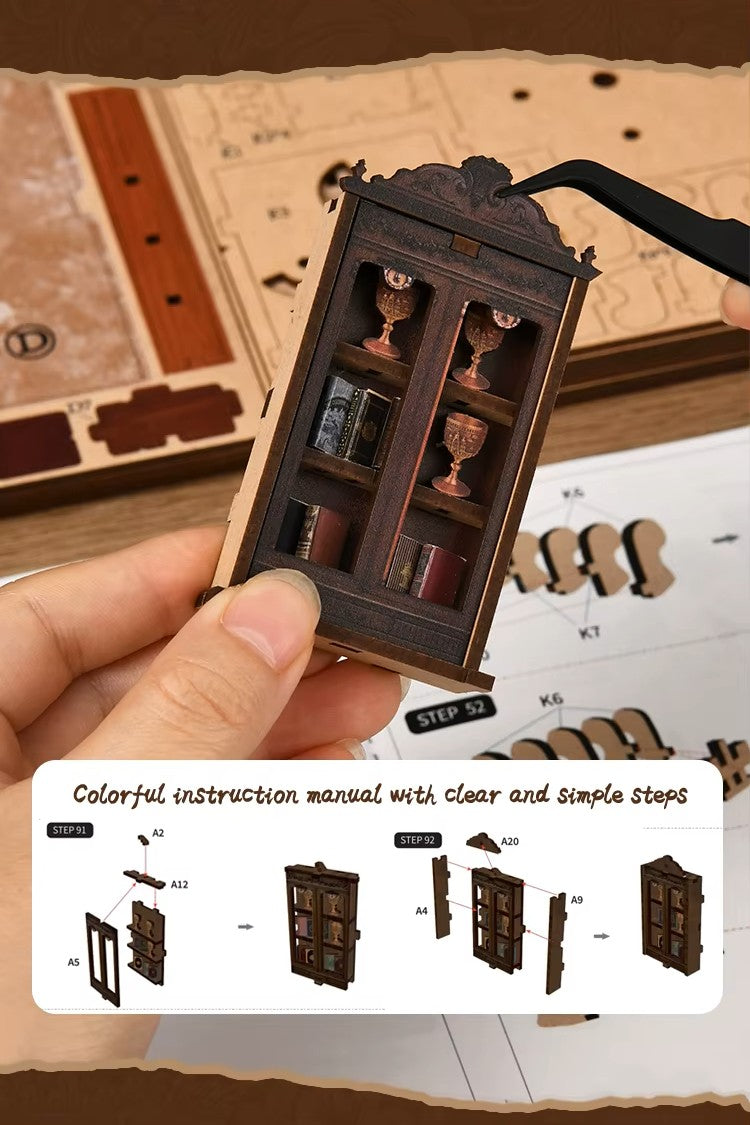 DIY book nook of an antique library scene with gothic-style arches, spiral stairs, a cozy reading nook, and glowing lamplight, styled in dark academia tones.