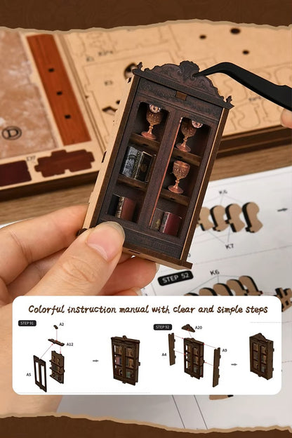 DIY book nook of an antique library scene with gothic-style arches, spiral stairs, a cozy reading nook, and glowing lamplight, styled in dark academia tones.