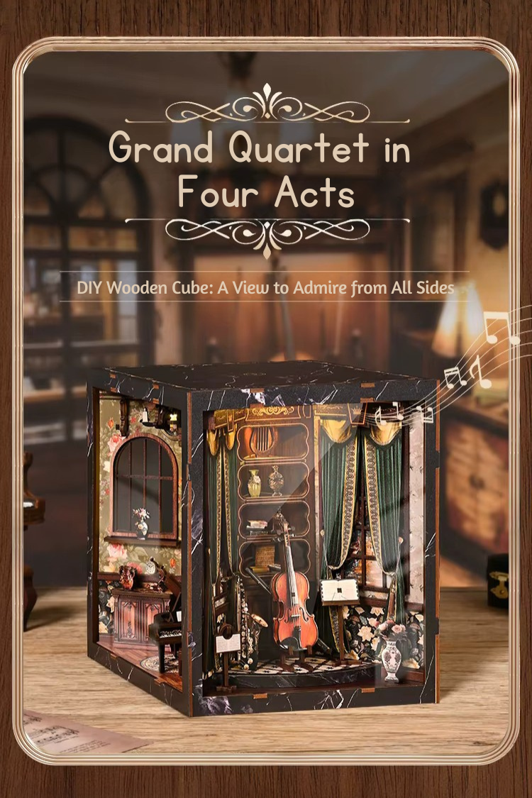 DIY miniature house with four connected scenes: a Victorian-style lounge, a hallway with a harp and bell, a floral piano practice room, and a richly decorated violin performance stage—each side forming a corner of a cube-shaped music-themed diorama.