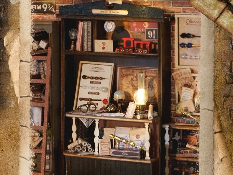 DIY miniature magic shop kit with tiny potions, spell books, glowing lights, and detailed scale model decor — perfect for miniature collectors, DIY crafts, and small DIY house lovers.