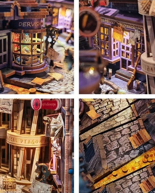 DIY Magic Night Alley book nook kit styled like a wizard’s alley, featuring magical props and glowing details — perfect for DIY and crafts, making miniatures, and book-lover gifts.