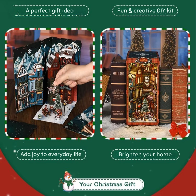 DIY book nook kit “Merry Market Lane,” featuring a warmly lit winter street with festive storefronts, snow-topped rooftops, and a softly bustling holiday vibe. A detailed DIY and crafts project perfect for holiday lovers and miniature collectors.