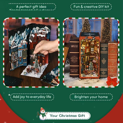 DIY book nook kit “Merry Market Lane,” featuring a warmly lit winter street with festive storefronts, snow-topped rooftops, and a softly bustling holiday vibe. A detailed DIY and crafts project perfect for holiday lovers and miniature collectors.