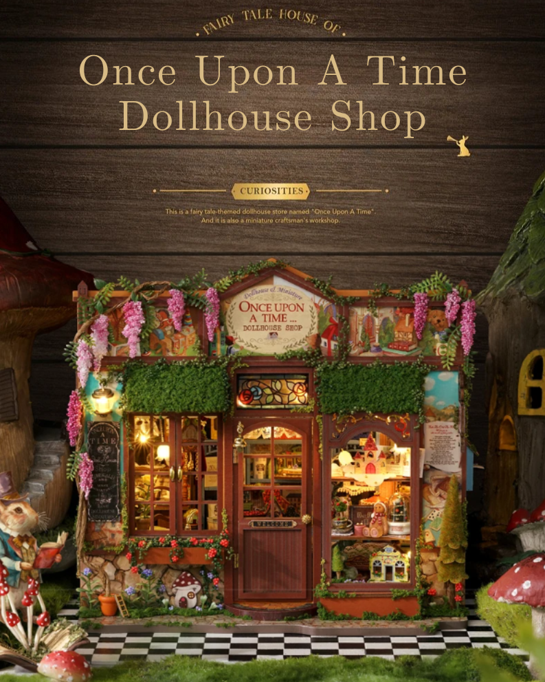 DIY Mini House kit featuring a whimsical miniature dollhouse store called “Once Upon a Time Dollhouse Shop,” with fairy tale décor, tiny dollhouses, and detailed interiors. Perfect for DIY and crafts lovers, miniature mansion collectors, and book nook enthusiasts looking for magical craft ideas.