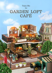 DIY miniature house kit of a two-story garden loft café with spiral stairs, tiny furniture, plants, and glowing lights – perfect for craft ideas, diy and crafts, miniature mansion lovers, and diy miniature home building.