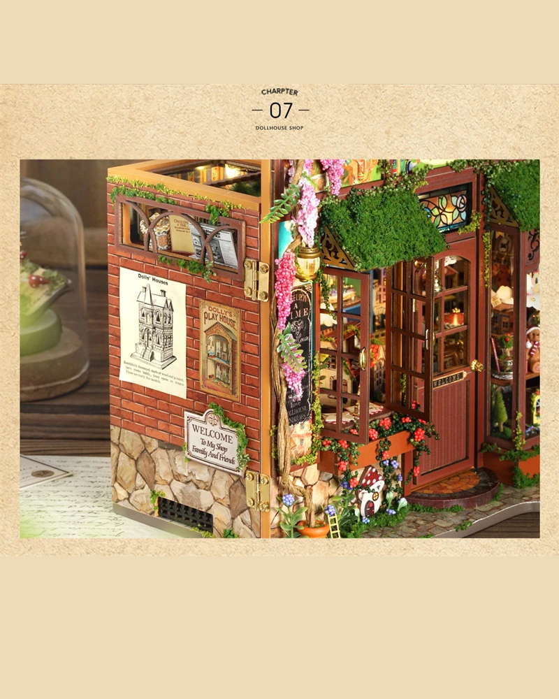 DIY Mini House kit featuring a whimsical miniature dollhouse store called “Once Upon a Time Dollhouse Shop,” with fairy tale décor, tiny dollhouses, and detailed interiors. Perfect for DIY and crafts lovers, miniature mansion collectors, and book nook enthusiasts looking for magical craft ideas.