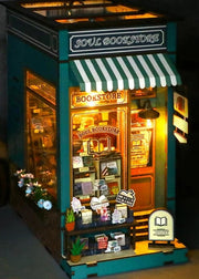DIY book nook kit featuring a miniature bookstore with tiny books, shelves, cozy lighting, and vintage details — ideal for fans of miniatures, DIY crafts, scale models, and small DIY houses.
