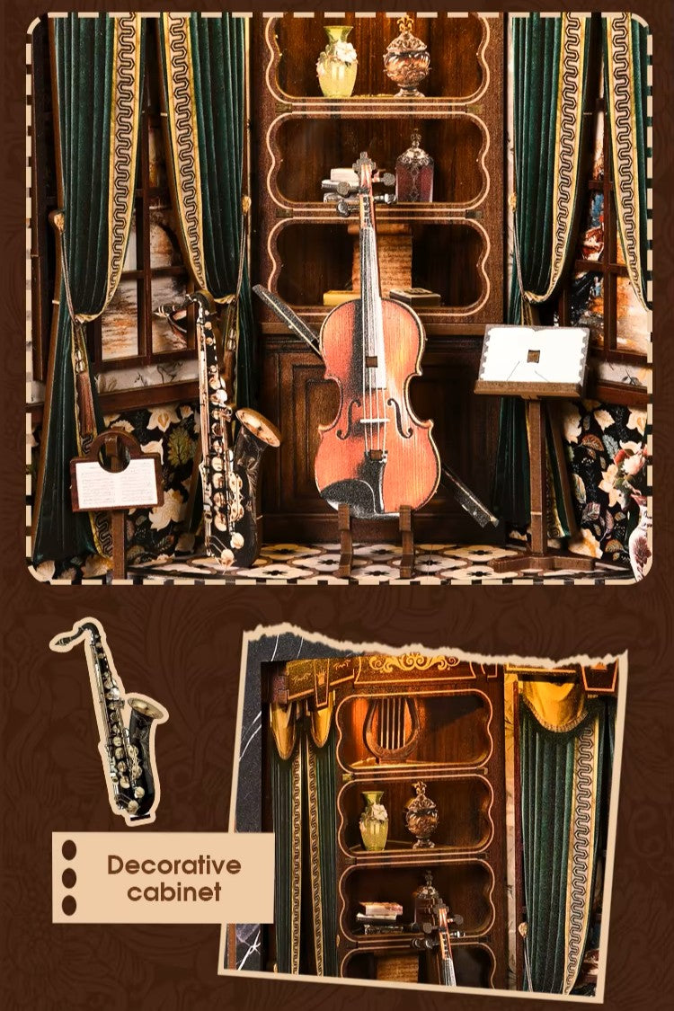 DIY miniature house with four connected scenes: a Victorian-style lounge, a hallway with a harp and bell, a floral piano practice room, and a richly decorated violin performance stage—each side forming a corner of a cube-shaped music-themed diorama.