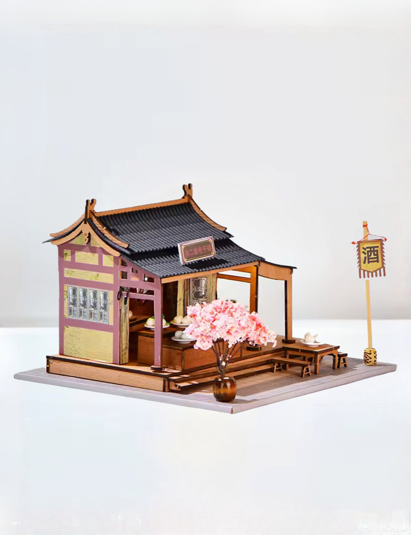 DIY mini house kit “Little Bao Shop,” featuring a traditional Chinese dumpling stand with miniature steamed buns, wooden tables, hanging signs, and a cherry blossom tree—perfect for DIY food miniatures and cultural craft ideas.