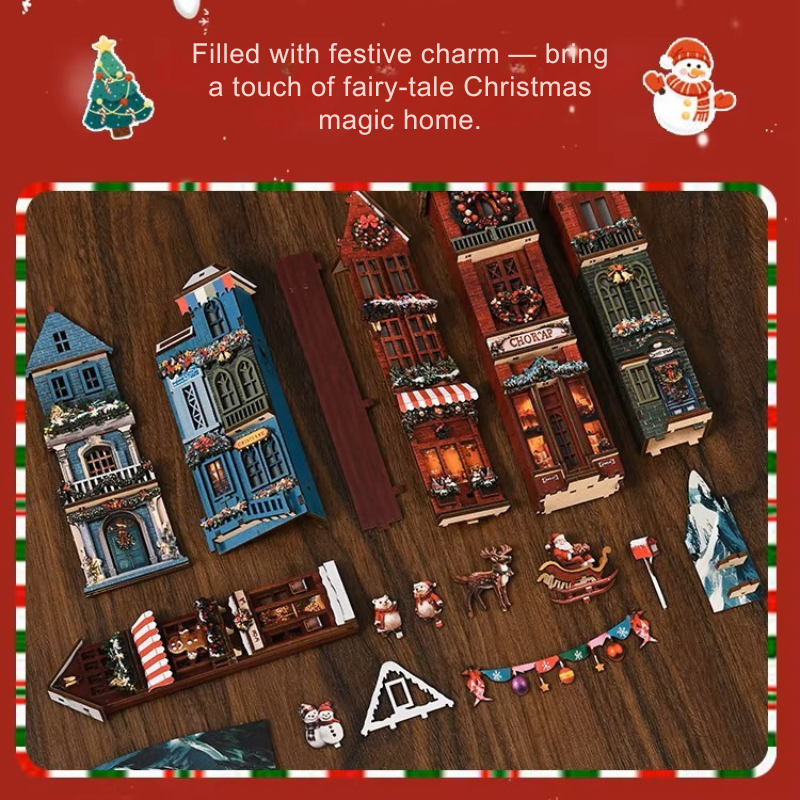 DIY book nook kit “Merry Market Lane,” featuring a warmly lit winter street with festive storefronts, snow-topped rooftops, and a softly bustling holiday vibe. A detailed DIY and crafts project perfect for holiday lovers and miniature collectors.