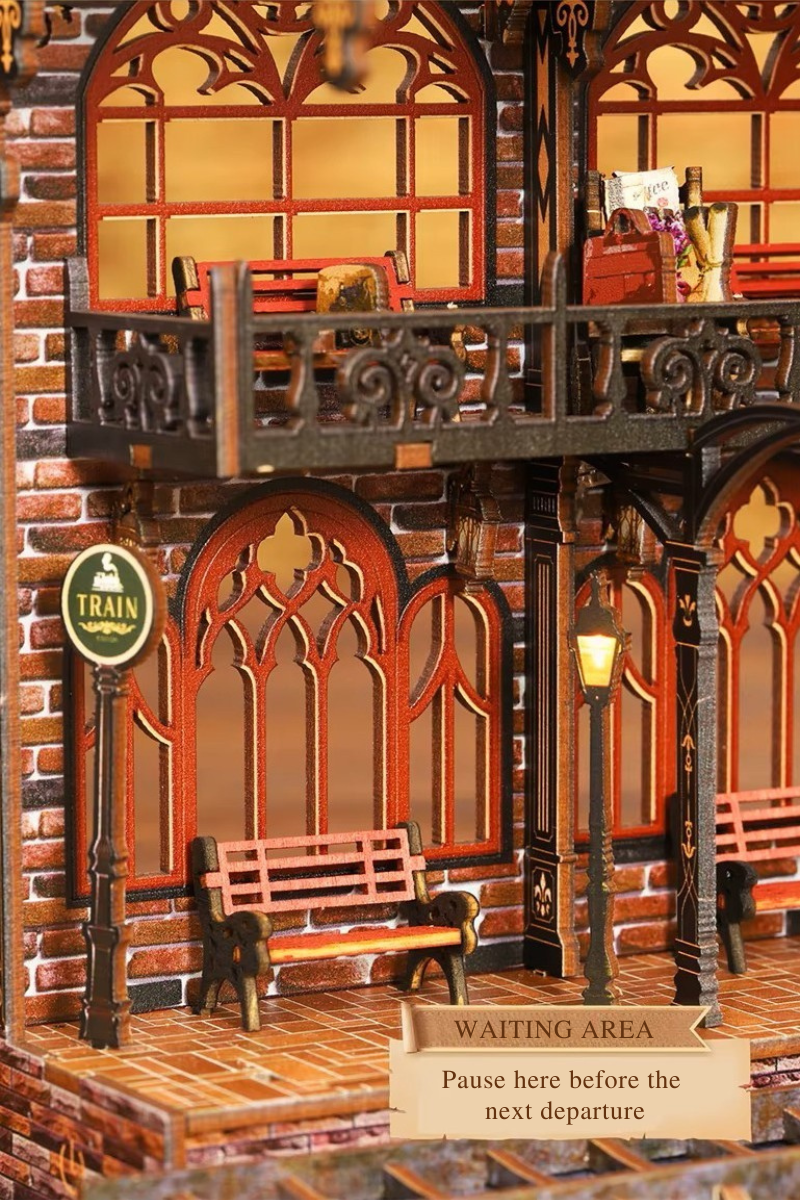 DIY book nook kit “Platform Arcane,” featuring a mechanical fantasy train station with glowing lights, gears, arched glass roof, red locomotive, and magical details. Ideal for DIY and crafts lovers, fantasy readers, and miniature train enthusiasts.