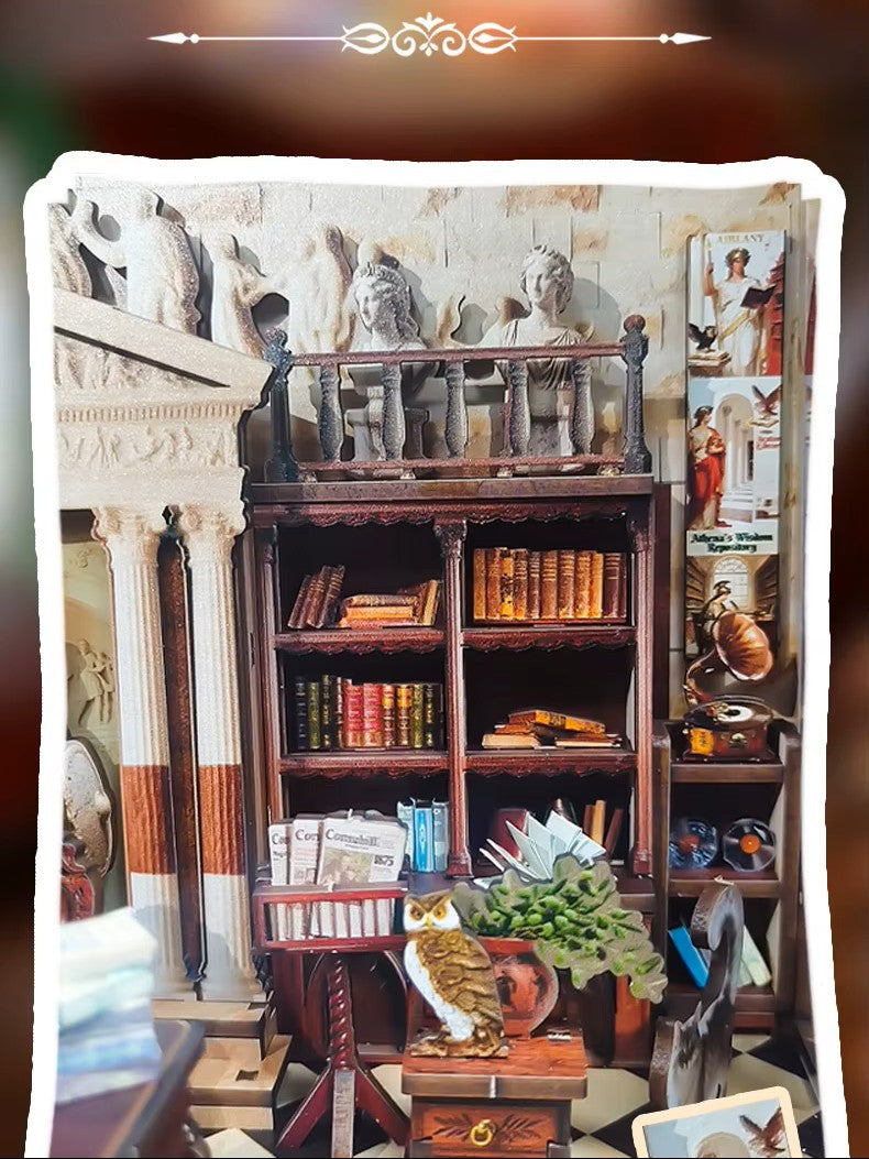 DIY miniature house kit styled as an Athenaeum library with classical columns, bookshelves, and warm lighting in an old-world study.