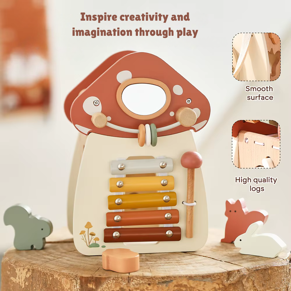 Montessori wooden mushroom house toy set with a xylophone, whimsical details, accessories, and characters, designed for imaginative pretend play and fine motor skill development.