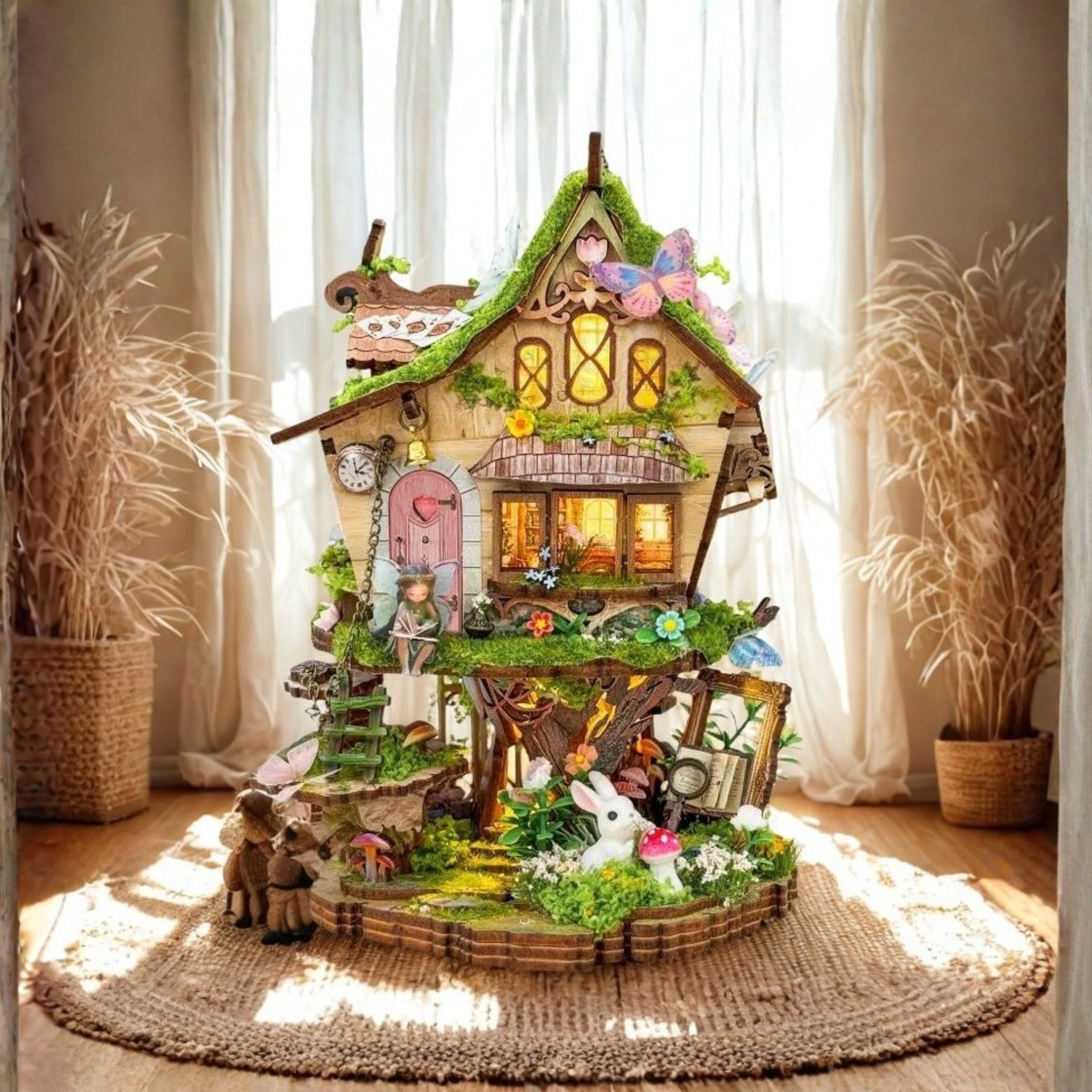 DIY mini house kit “Bramblebrook Treehouse,” featuring a whimsical forest treehouse with rope ladders, lanterns, miniature furniture, and leafy branches. A nature-inspired DIY and crafts project perfect for miniature lovers and woodland fantasy fans.