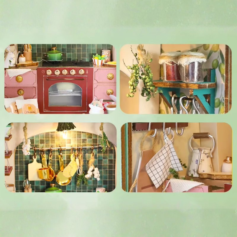 DIY book nook miniature kitchen with Mediterranean tiles, hanging copper pots, red oven, and open blue shutters.