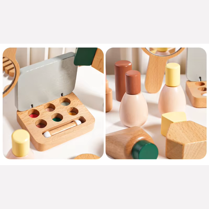 Montessori wooden cosmetic toy set with pretend makeup items including lipstick, compact mirror, perfume, nail polish, and comb, designed for imaginative role play and fine motor skill development.