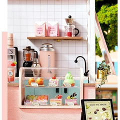 DIY miniature tea shop kit with pastel counters, bubble tea decor, and tiny accessories — perfect for miniatures lovers, DIY crafts, book nook fans, and small DIY house projects.